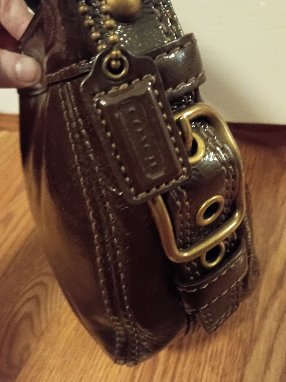 Coach Shiny Dark Brown Leather Shoulder Bag Zoe Bag - Picture 5 of 8